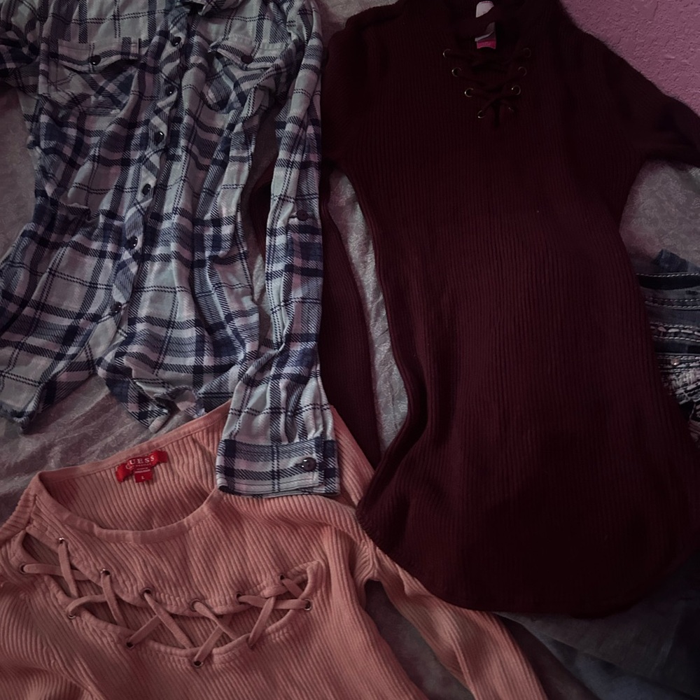 Plaid and Solid Women's Tops Set